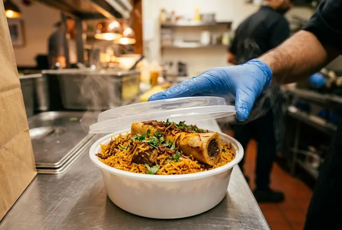Gloved hand sealing a takeaway container of steaming nalli biryani for delivery